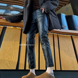 百搭九分直筒裤 侧开叉弹力净版 高腰烟管涂层PU皮裤 2025早春新款