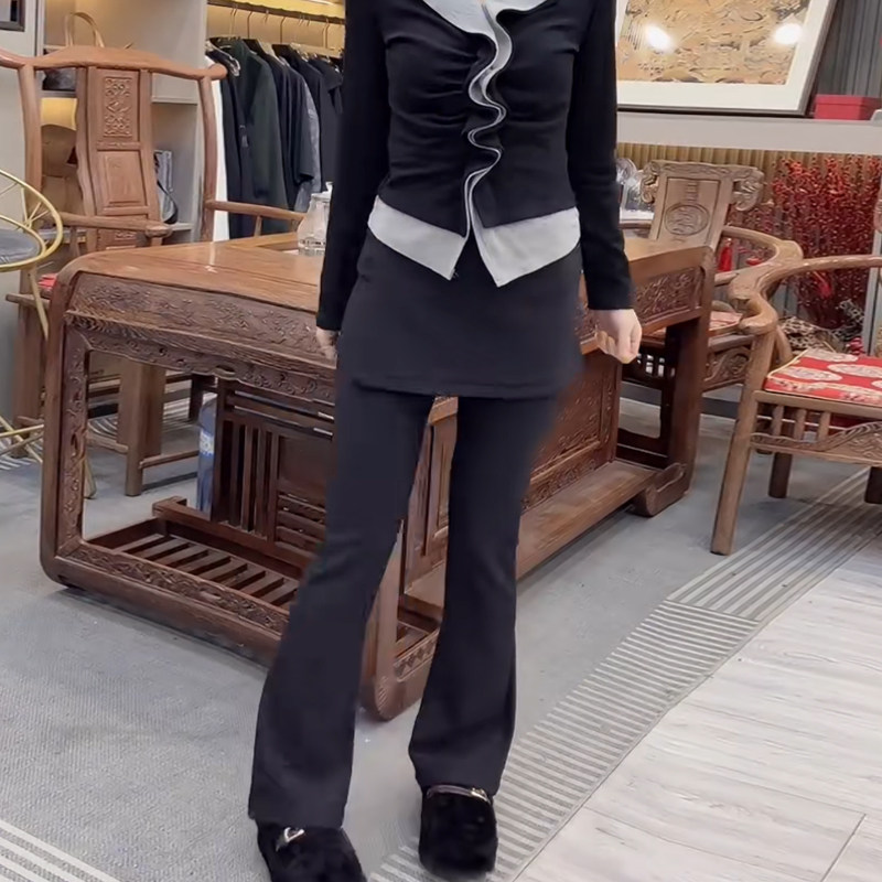 早春高腰假两件休闲裤欧货时尚屁帘修身显瘦弹力净版百搭微喇长裤