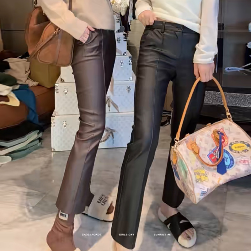纯色休闲涂层PU皮裤2025秋冬百搭高腰净版简约显瘦九分直筒裤