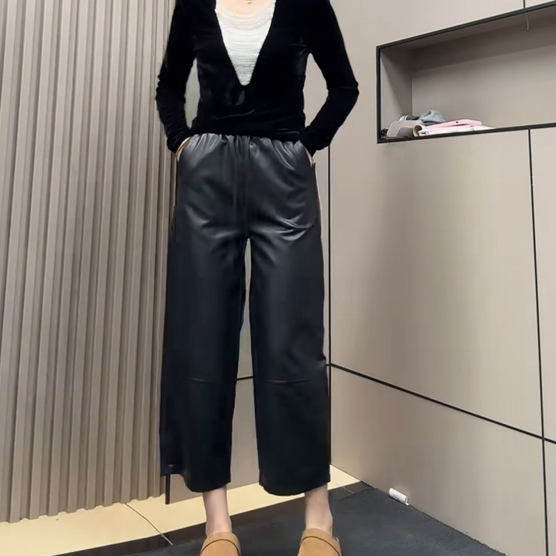 松紧高腰显瘦2025秋冬时尚休闲涂层PU皮裤纯色净版宽松九分阔腿裤