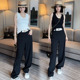 裤 女2024年春季 新款 黑色西装 字母腰拼接直筒简约宽松高腰拖地长裤