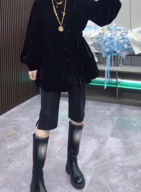 欧洲站秋季新款PU休闲女裤纯色净版侧开叉简约百搭显瘦五分直筒裤