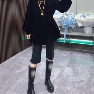 欧洲站秋季新款PU休闲女裤纯色净版侧开叉简约百搭显瘦五分直筒裤