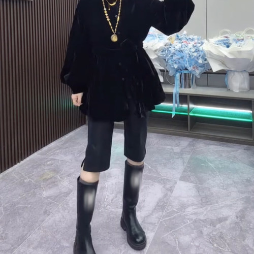 欧洲站秋季新款PU休闲女裤纯色净版侧开叉简约百搭显瘦五分直筒裤