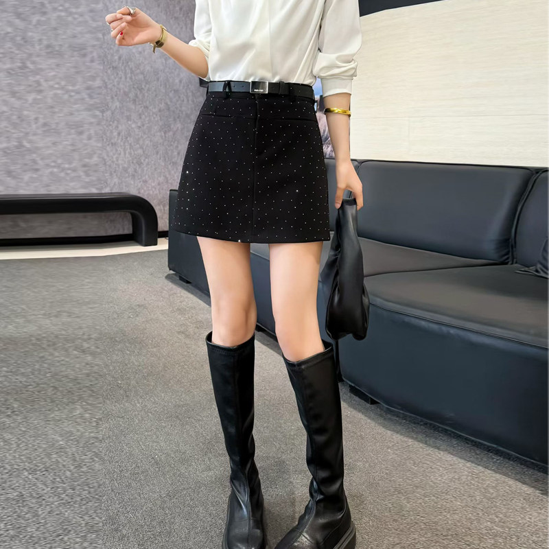 欧洲站春季新款重工2026年网红爆闪镶钻弹力高腰显瘦A字半身短裙