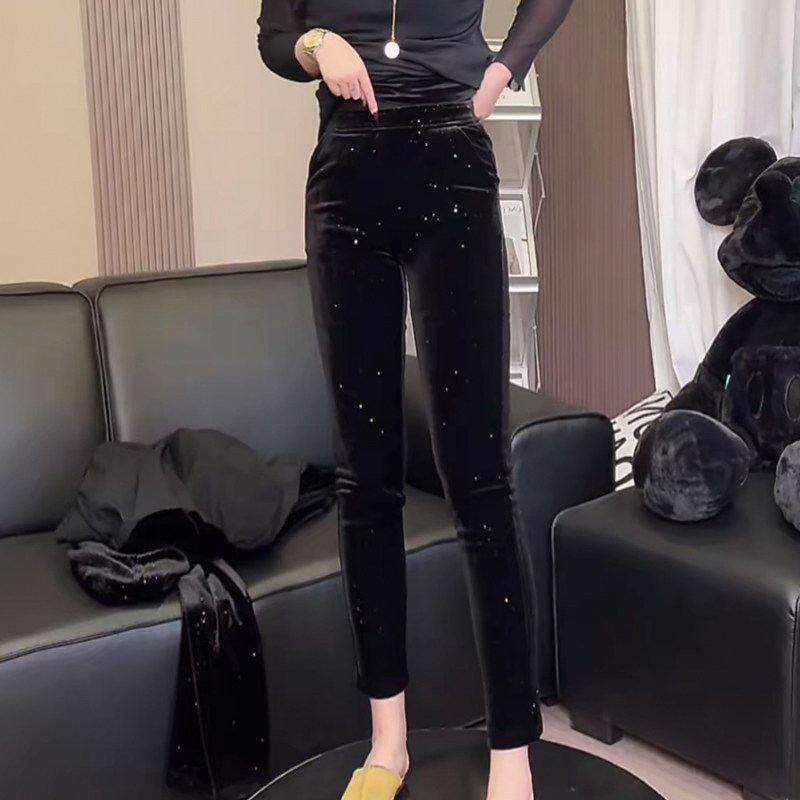 时尚欧货2026年春季设计感高腰弹力亮片丝绒打底裤修身显瘦铅笔裤