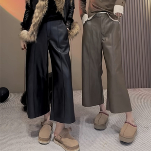 甩裤 高腰宽松垂感2025PU加绒直筒八分阔腿裤 休闲裤 辣妹复古皮裤