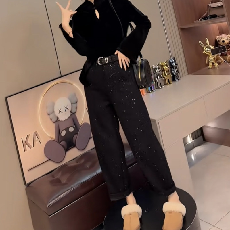 黑色欧货秋冬亮片满天星直筒宽松显瘦毛呢休闲百搭气质九分阔腿裤