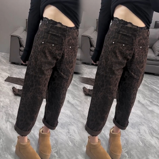 休闲九分哈伦裤 女高腰宽松显瘦老爹裤 复古豹纹牛仔裤 2025秋冬爆款