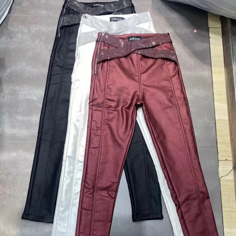 高腰铅笔裤长裤弹力镶钻