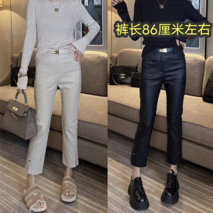 2025秋季新款涂层皮裤女侧开叉铆钉直筒九分烟管裤靴裤休闲裤女