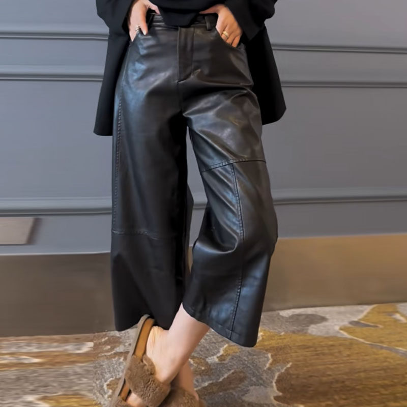 高级感时尚欧货2025秋冬休闲高腰纯色宽松净版拼接皮裤九分阔腿裤,女装/女士精品,休闲裤,淘宝优惠券,粉丝福利购,淘宝优惠卷