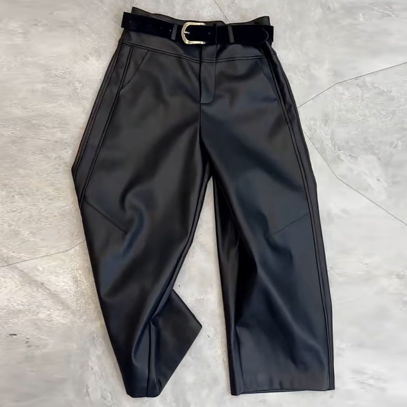 欧货时尚pu皮裤秋冬休闲高腰纯色弯刀裤宽松厚款百搭九分阔腿裤,女装/女士精品,休闲裤,淘宝优惠券,粉丝福利购,淘宝优惠卷