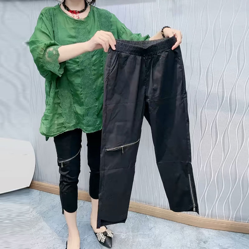 黑色春夏季新款纸皮裤休闲斜拉链时尚百搭速干高腰显瘦九分直筒裤