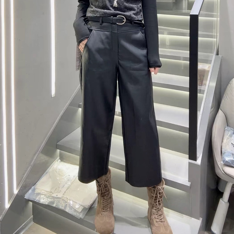 秋冬新款欧货PU皮阔腿裤女宽松显瘦立体拼接高腰百搭净版九分裤