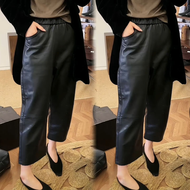 纯色松紧高腰2025秋冬欧货休闲净版涂层pu皮裤宽松耐磨九分阔腿裤