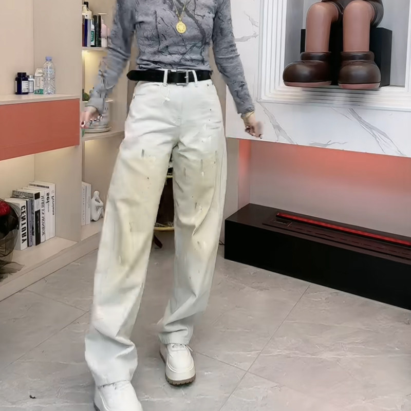 欧货美式复古脏脏牛仔弯刀裤设计感弹力休闲甩漆做旧显瘦直筒长裤