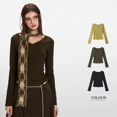 短款女春秋季打底衫修身插肩HeyHenry内搭T恤辣妹上衣V领显瘦长袖