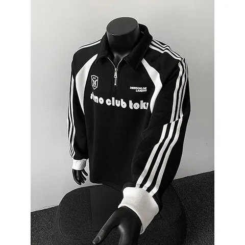 男女肩外套正长袖卫衣polo衫拼接美式翻领情侣半拉链t恤秋季黑白