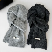 含羊毛灰色韩版 纯色针织围巾男女情侣冬季 保暖百搭高级感加厚围脖