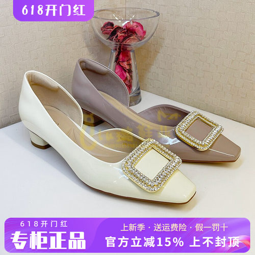 正品蹀愫ts女鞋2025春款方头饰扣粗跟中跟浅口单鞋TA65121-11