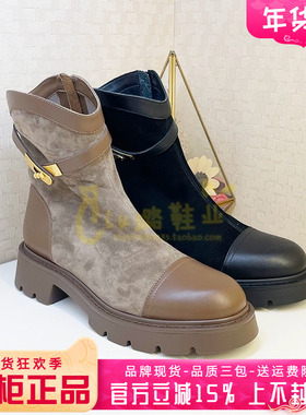 正品蹀愫ts女鞋2025秋季新款羊反绒中跟粗跟圆头短靴TA65717-51