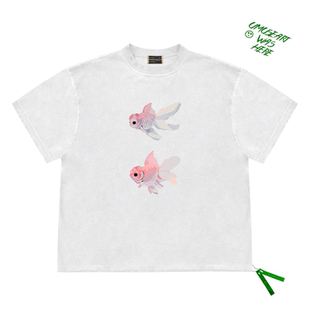 T恤 短袖 彩色金鱼 小众男女fog复古百搭趣味卡通风ins氛围感情侣装
