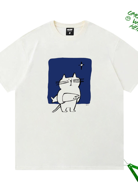韩系小众卡通看星星的猫咪oversize男女同款简约宽松短袖T恤ins
