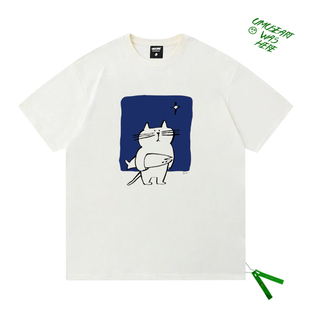 韩系小众卡通看星星的猫咪oversize男女同款简约宽松短袖T恤ins