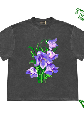 flowers and plants紫色花卉设计感像素花图案小众创意短袖上衣