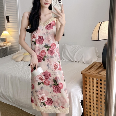 性感睡衣女夏冰丝吊牌睡裙带胸垫