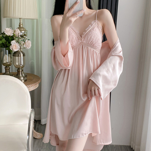 新款 春秋冰丝高级感性感蕾丝吊带睡裙带胸垫家居服两件套 睡衣女款