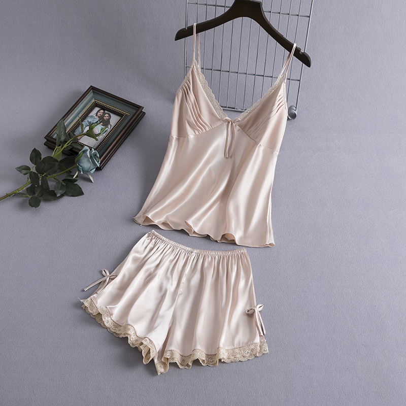 女款性感冰丝吊带短裤家居服套装