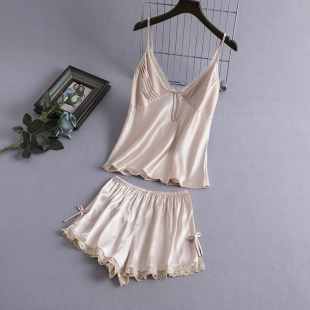 夏家居服套装 睡衣女款 冰丝性感蕾丝宽松露背吊带短裤 夏季 2025新款