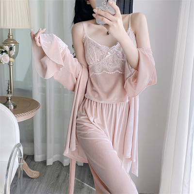 女款金丝绒吊带睡衣套装秋冬款