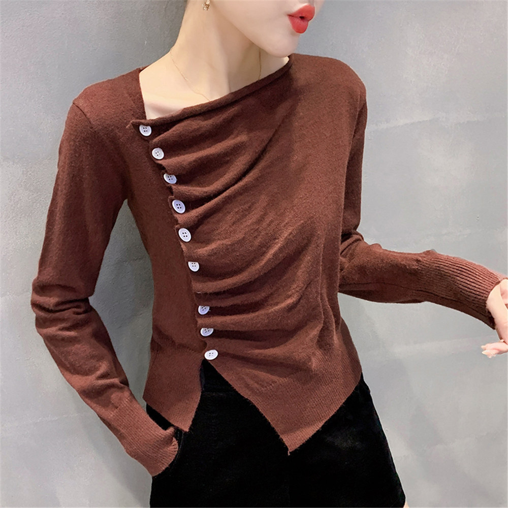 欧洲站不规则长袖毛衣针织衫女2020秋冬新款设计感皱褶纽扣T恤潮|ruв категории Женская одежда, свитер - от Buy2taobao.com для оказания профессиональной услуги покупки агента Taobao