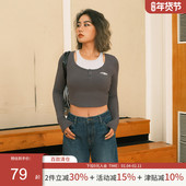 AlphaGym镂空假两件长袖 女美式 辣妹复古T恤带胸垫内搭外穿上衣