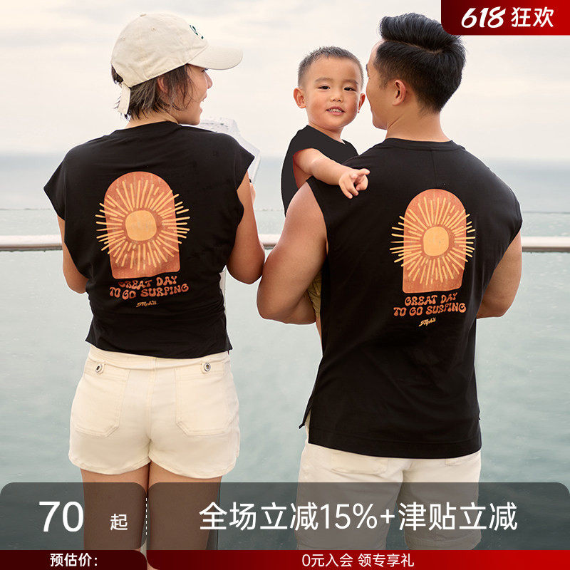 AlphaGym沙滩亲子飞袖休闲运动圆领无袖坎肩情侣男女款上衣T恤夏