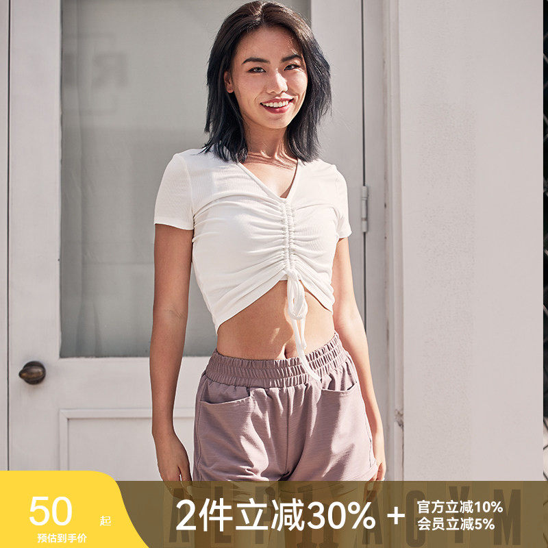 AlphaGym抽褶罗纹短袖女子 ins潮流网红胸口抽绳运动瑜伽舒适T恤