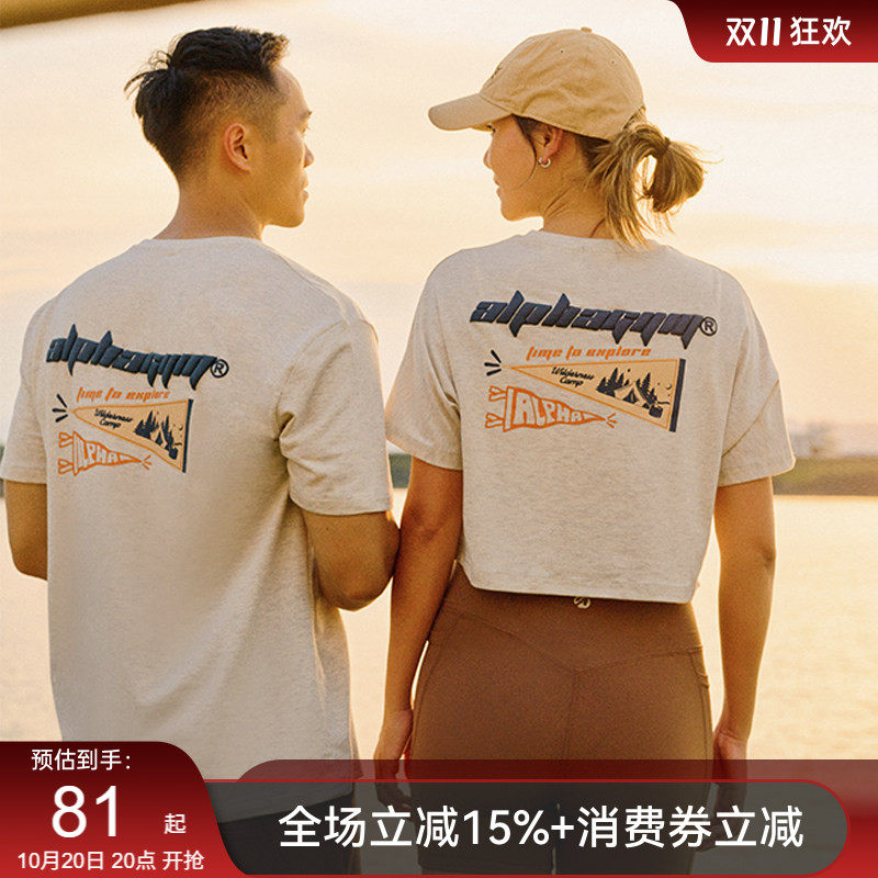 AlphaGym露营旗帜情侣短袖T恤美式字母印花男女圆领运动休闲上衣