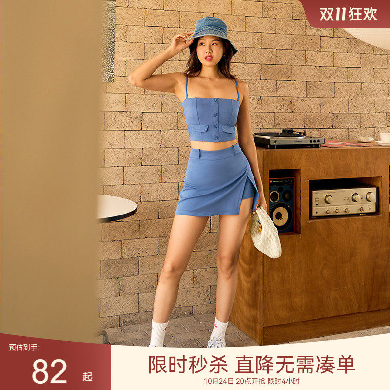 Alpha仿牛仔吊带抹胸健身运动内衣带胸垫可拆卸美背背心女莱赛尔