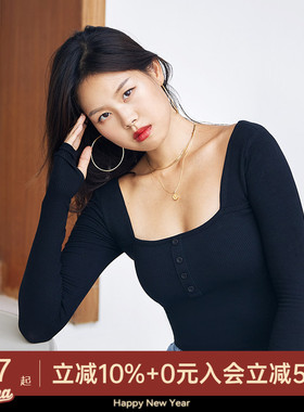 AlphaGym带胸垫方领长袖打底衫女心机上衣修身显瘦运动休闲T恤