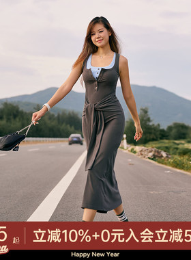 AlphaGym假两件吊带连衣裙女夏季方领绑带显瘦修身无袖撞色长裙