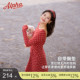 复古红色带胸垫连衣裙秋收腰长袖 法式 运动裙 肉肉消失术波点裙