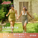 Alpha高弹复古碎花吊带连衣裙微胖防走光运动长裙挂脖大码 中长裙