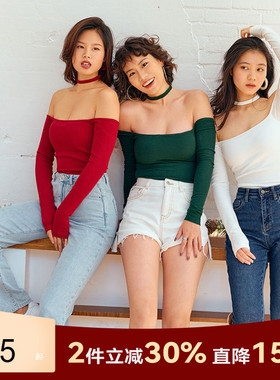 AlphaGym圣诞系列一字领带胸垫长袖打底衫简约美式复古打底衫露肩