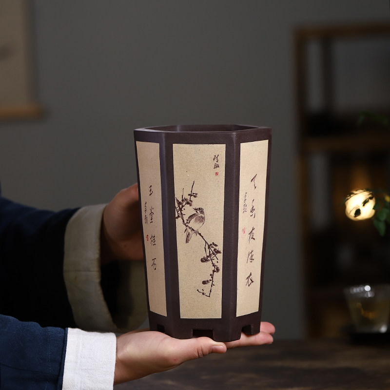 尚扣紫砂 李超手工双色六方签筒花盆 桌面兰花绿植古典宜兴紫砂盆