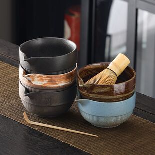 粗陶抹茶碗带嘴打抹茶工具刷日本点茶碗抹茶杯搅拌器茶筅器具套装