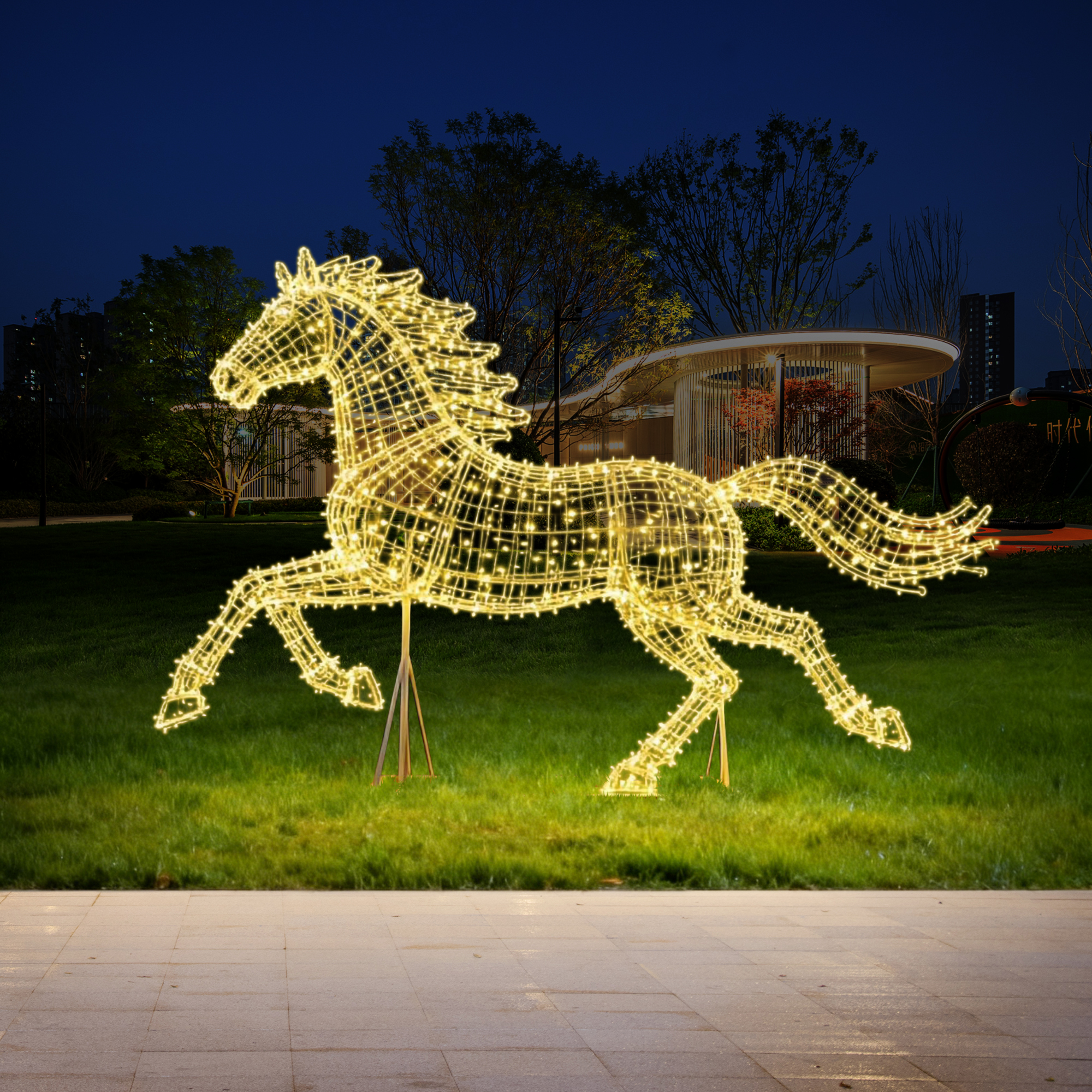 马年不锈钢发光雕塑落地装饰摆件