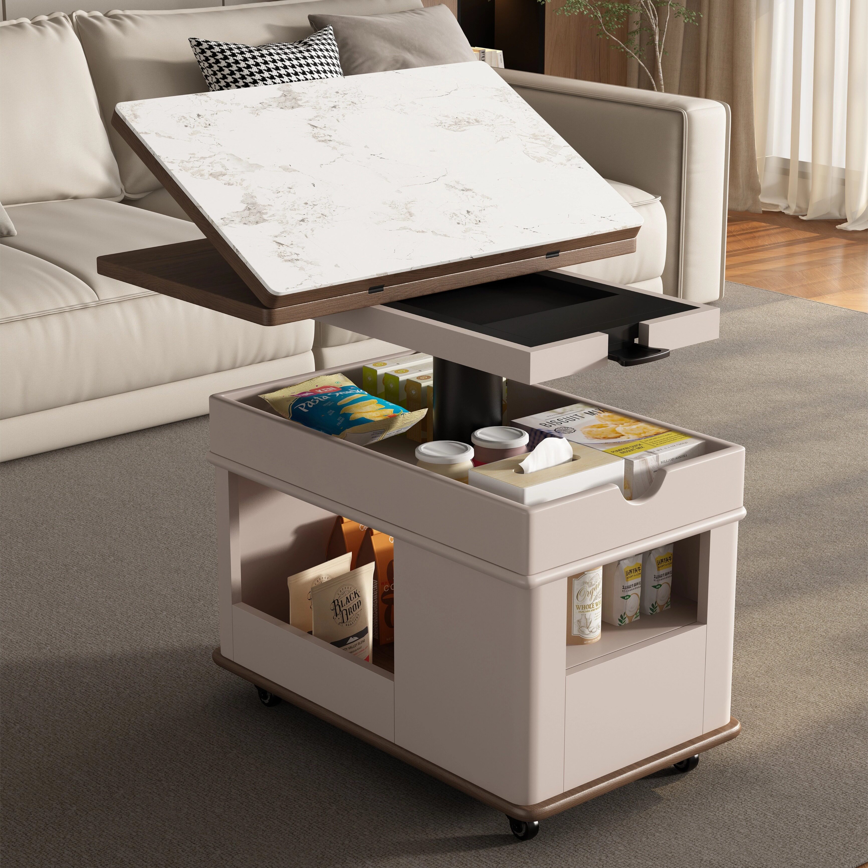 全实木岩板折叠升降中古风边几